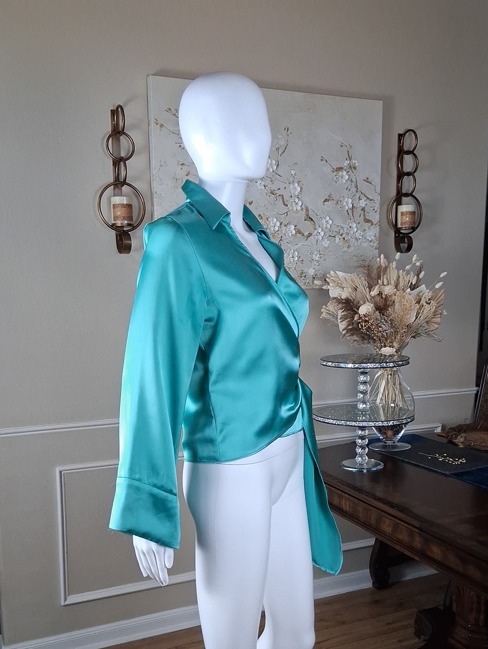 Zara Women's Teal Satin Glossy Fluid V Neck Wrap Long Sleeves Blouse Medium - Picture 13 of 16